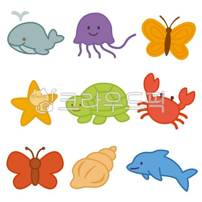 동물,동물일러스트,해양생물,일러스트,캐릭터,다꾸,스티커,고래,해파리,나비,불가사리,거북이,게,소라,돌고래