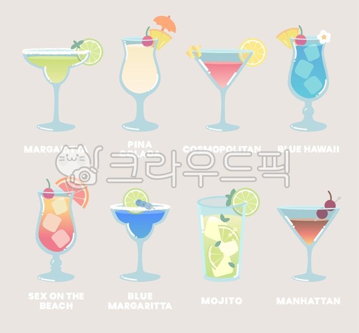 칵테일,술,보드카,마가리타,피나콜라다,코스모폴리탄,블루하와이,섹스온더비치,모히토,맨하탄,바,레몬,라임,파인애플,체리,자몽,알콜,글라스,과일,얼음,시원한,유리잔,파티,주스,열대과일,마실것,메뉴판,마티니,민트,박하,데코레이션,일러스트,일러스트레이션,칵테일일러스트,귀여운,플랫디자인,클립아트,스티커,벡터,블루마가리타,휴일,음료,세트