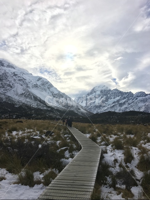 자연,산책로,다리,산,눈,구름,날씨,boardwalk