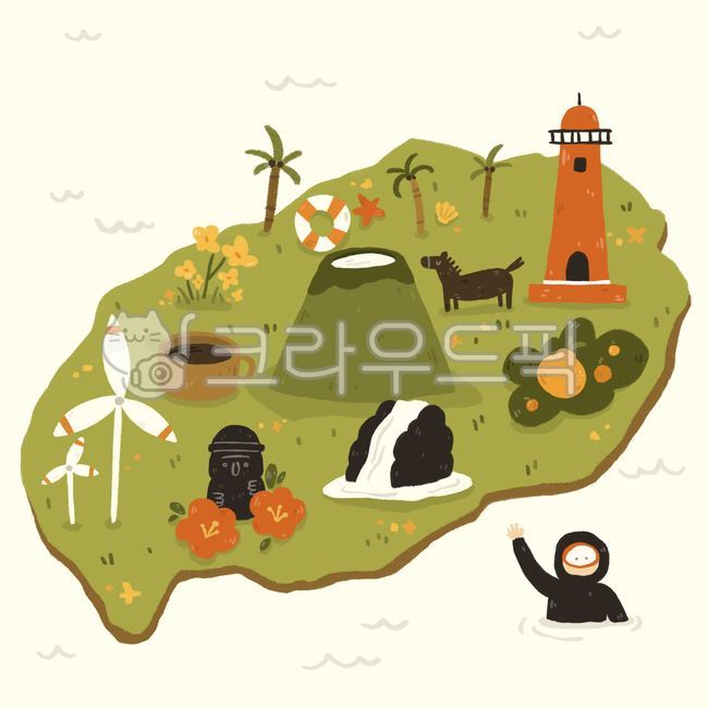 제주도지도,제주도일러스트,한라산,한라봉,제주도관광,돌하르방,제주도,섬,손그림,illustration,drawing,jeju,island,제주,그림,말,야자수,동백꽃,등대,해녀,폭포,귤