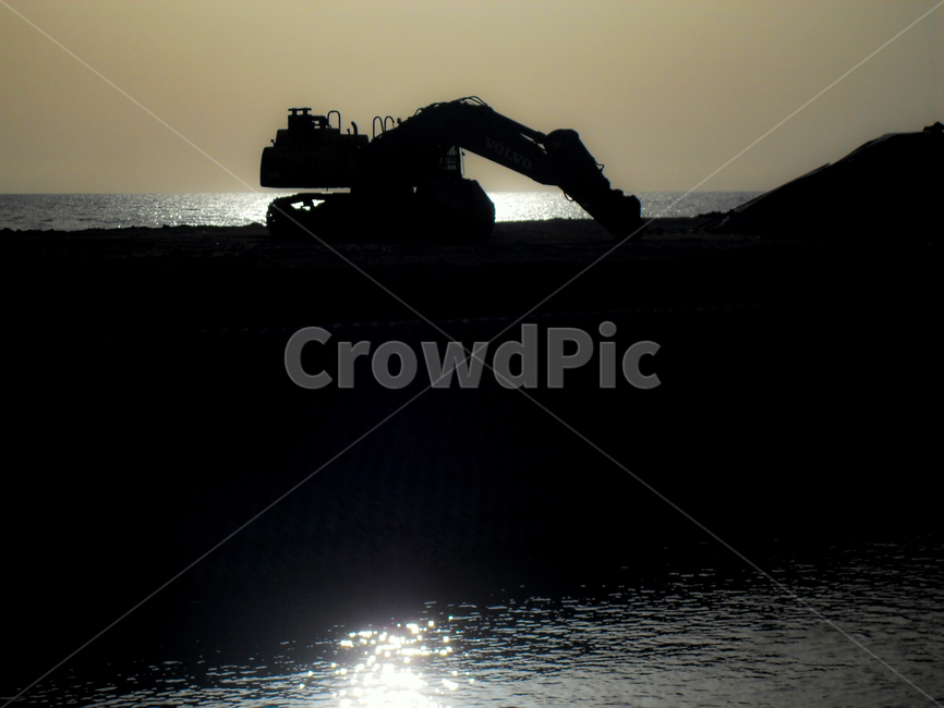 중장비,포크레인,해변,실루엣,공사,실루엣,그림자,silhouette,shadow,산업,industry,industrial