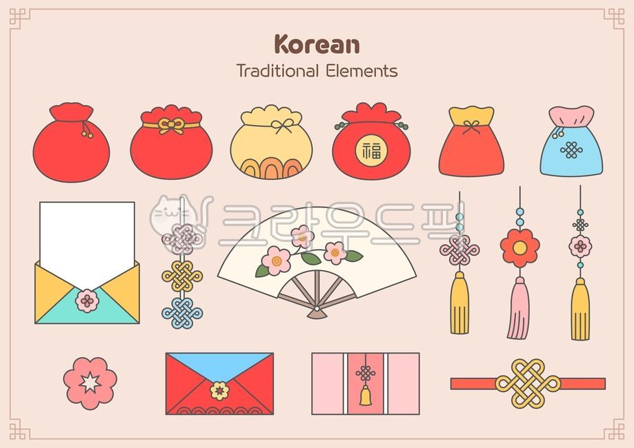벡터,일러스트,명절,전통,한국,문화,추석,한가위,설,설날,엘리먼트,오브젝트,사물,라인,아웃라인,소품,복주머니,편지,봉투,편지봉투,매듭,노리개,장식,부채,꽃무늬,꽃,용돈봉투