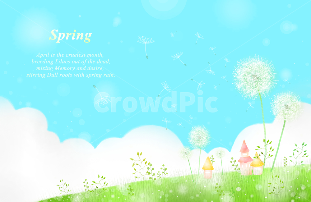 구름,동산,집,민들레,감성,봄,배경,백그라운드,봄,계절,spring,season,꽃,flower,그래픽,일러스트레이션,graphic,illustration