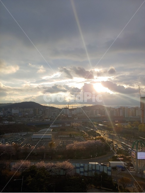 노을,해질무렵,봄,창밖전망,도농사거리