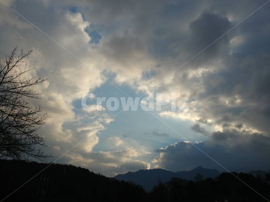 구름,해질녘,노을빛,산,나무,어우러짐,균형