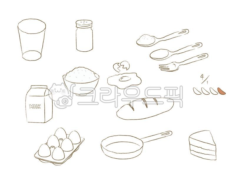 베이킹도구,조리도구,푸드일러스트,조리도구일러스트,레시피,주방,계란,우유,스푼,포크,밥,밥공기,후라이팬,kingfood