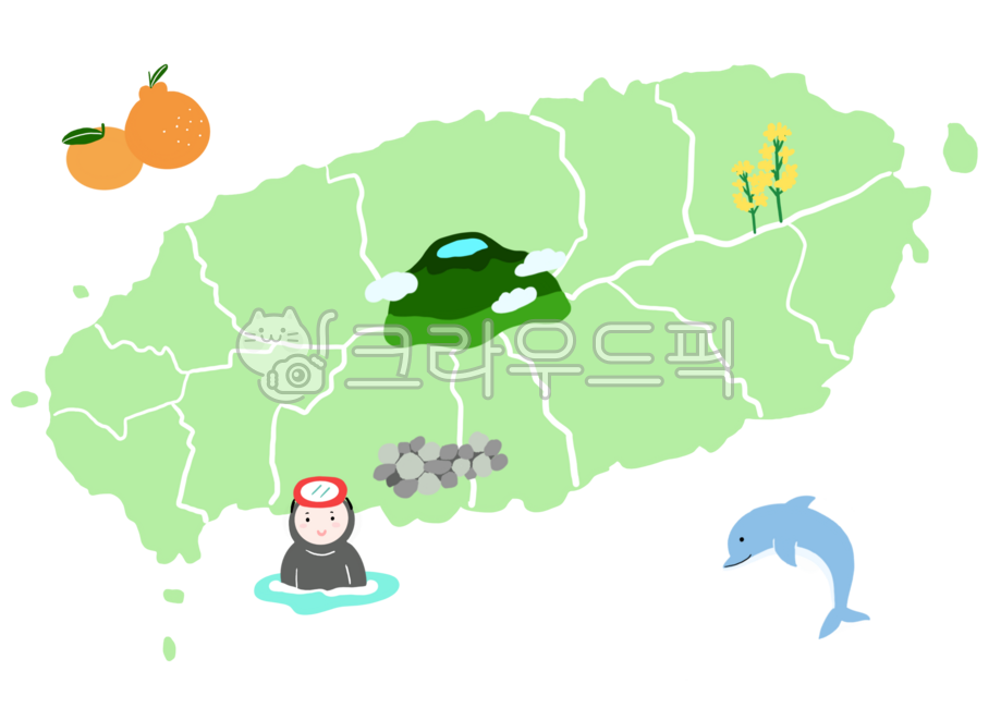 제주도,제주도그림,제주도지도,제주도일러스트,제주도요소,해녀,돌고래,한라봉,유채꽃,한라산
