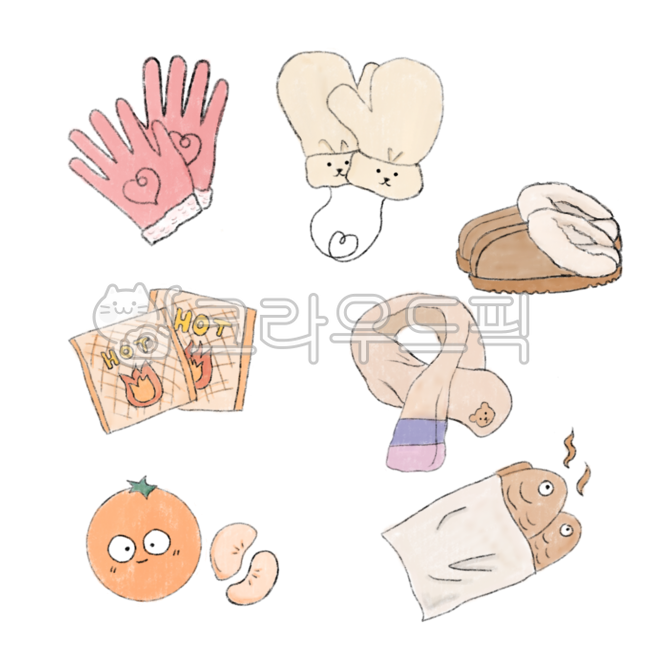 Winter essential item,mandarin,cozy,fish bread,winter,muffler,warm,Gloves,ugg,winter illustration,illustration,winter stickers,hot pack