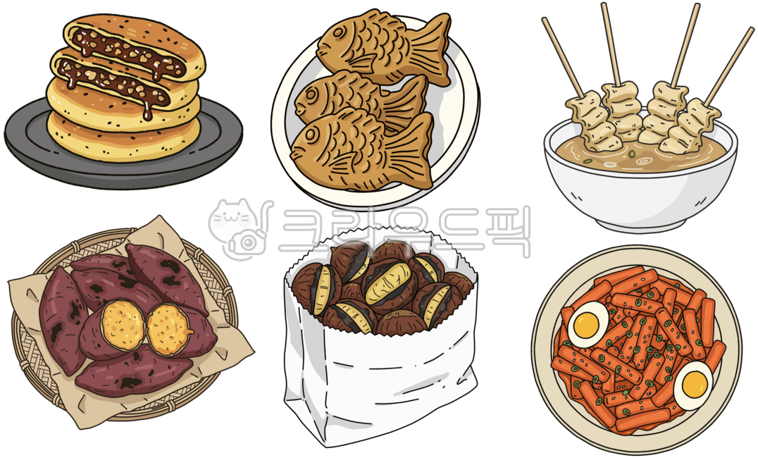 Hotteok,bungeoppang,odeng,fish cake,roasted sweet potato,sweet potato,roasted chestnut,chestnut,tteokbokki,street food,Korean street food,winter snack,K-food,cute,illustration,food,snack,dessert,warm,delicious,winter snack set