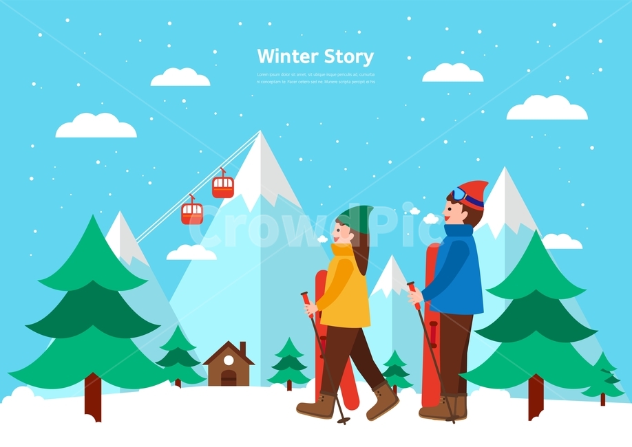 커플,나무,산,구름,눈,겨울,스키,리프트,겨울,계절,winter,season,여행,휴가,traveling,vacation,trip,그래픽,일러스트레이션,graphic,illustration