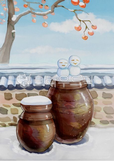 한옥,겨울,눈사람,감나무,한옥담,항아리,전통,수채화그림,수채화겨울,12월,하늘,눈,겨울그림,수채화