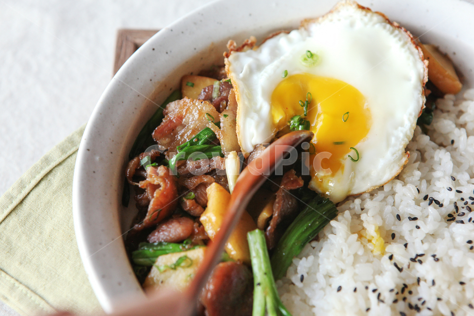 rice bowl,softboiled,Meat Rice Bowl,soy sauce,fry,pork,rice,Fried egg,chives,sunny side up,Sunny side up