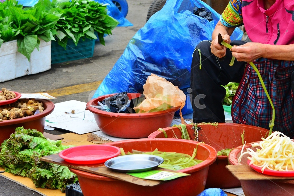 plant,식물,food,음식,재래시장,전통시장,노점상,좌판,bowl,사발,human,인간,person,사람,market,시장,고사리,도라지,상추,생강,머우대