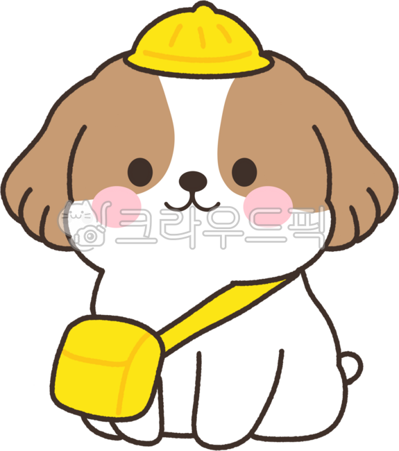 강아지유치원,강아지,귀여운,일러스트,캐릭터,모자,가방,노란색,반려동물,애완견,행복,즐거운,순진한,사랑스러운,앉아있는,갈색,흰색,시츄,귀여운강아지