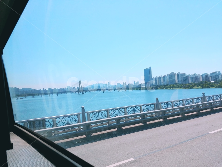 맑은,한강,대교,도로,하늘,푸른