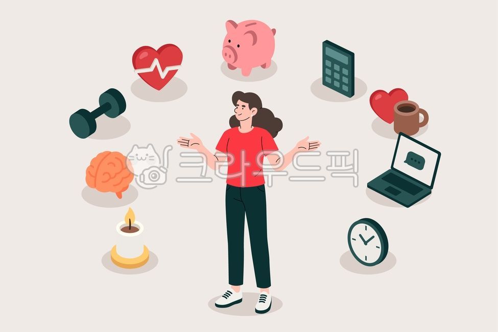 균형,자기관리,삶의질,웰빙,정신,건강,신체,명상,시간,기술,노트북,양초,두뇌,커피잔,시계,하트,아령,저금통,계산기,자기개발,습관,우선순위,에너지,선택,계획,집중,휴식,생활,고민,비교,관리,조화,아이콘,요소,오브젝트,캐릭터,그래픽,벡터,일러스트,디자인
