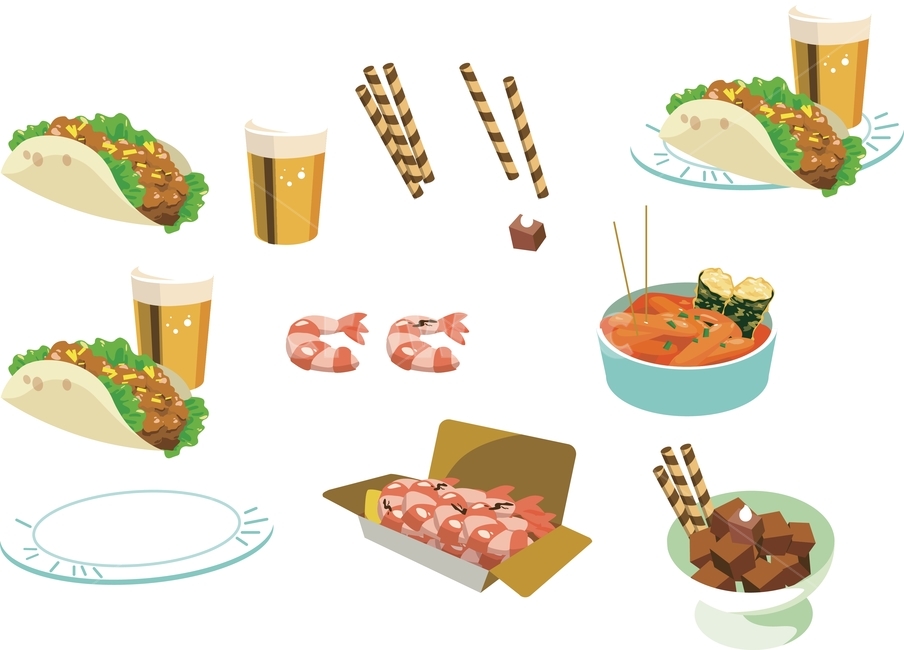 음식일러스트,음식,일러스트,푸드코트,푸드트럭,야시장음식,떡볶이,타코,맥주,새우,초콜릿,접시,벡터,음식아이콘,그래픽,일러스트레이션,graphic,illustration