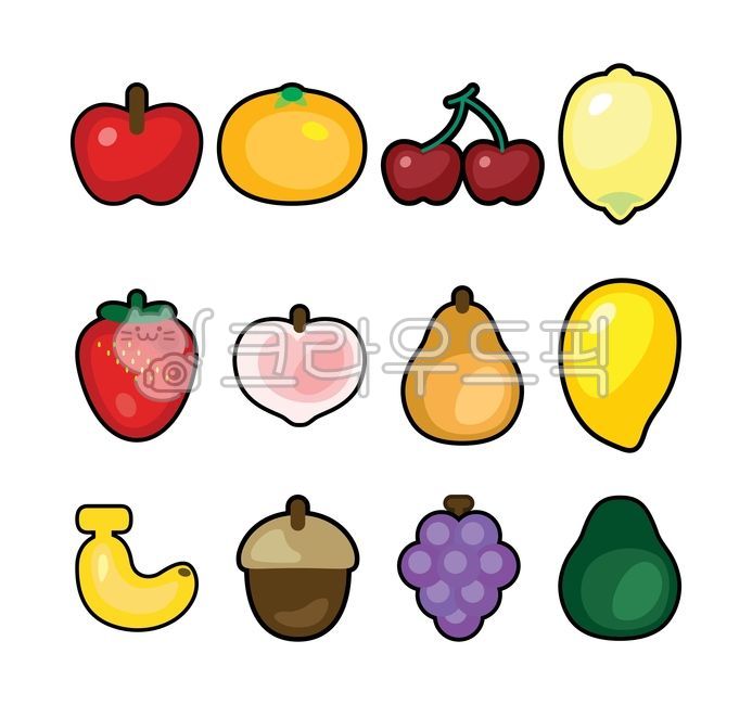 Fruit,Illustration,Simplified,Cute,Colorful,Berry,Apple,Orange,Tangerine,Cherry,Lemon,Strawberry,Peach,Pear,Mango,Banana,Acorn,Grape,Avocado,Vegetable,Salad