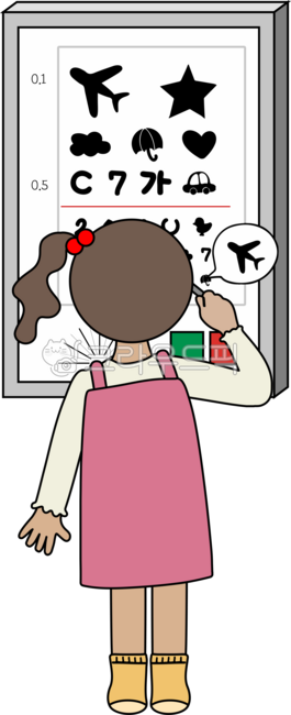 Physical development test,vision test,ophthalmology,hospital,glasses,eyes,optician,child,girl,back view,optometry,airplane,icon,star,cloud,umbrella,heart,car,number