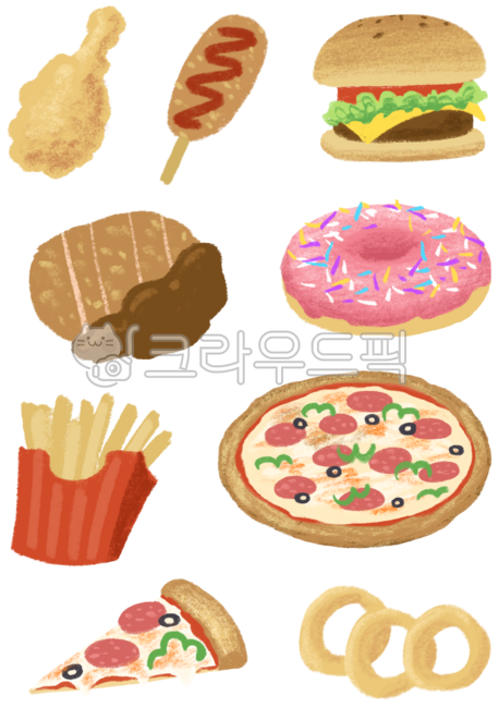 Cute drawings,illustrations,junk food,hamburgers,pizza,donuts,pork cutlets,hot dogs,chicken,onion rings,french fries