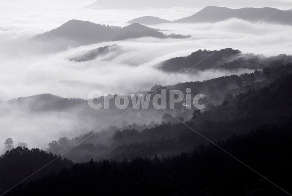 산,구름,흑백,자연,풍경