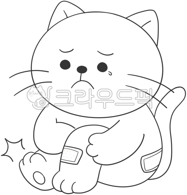 Injured cat,injured cat character,line drawing,coloring,coloring book,bruise,cut knee,fall,band,cat crying in pain,danger,caution,warning