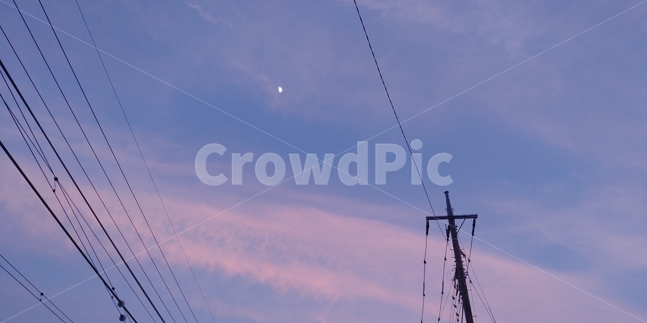 노을,하늘,달,전신주,구름,자연,풍경,nature,landscape,cable,케이블,power lines,전력선,electric transmission tower,송전탑
