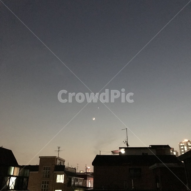 새벽,밤,달,역광,집