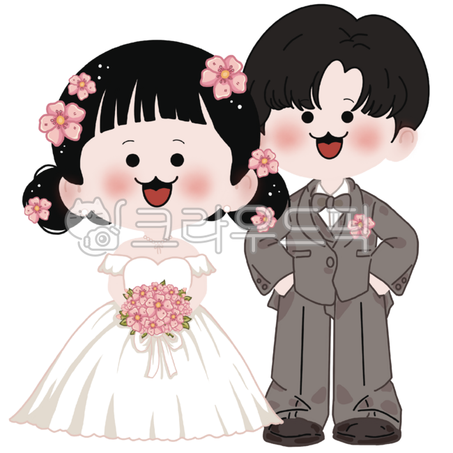 결혼,신랑,신부,웨딩,사람,남자,여자,캐릭터,귀여운,귀여운캐릭터,초대장,청첩장,초대,봄,꽃,드레스,턱시도,부케,손그림