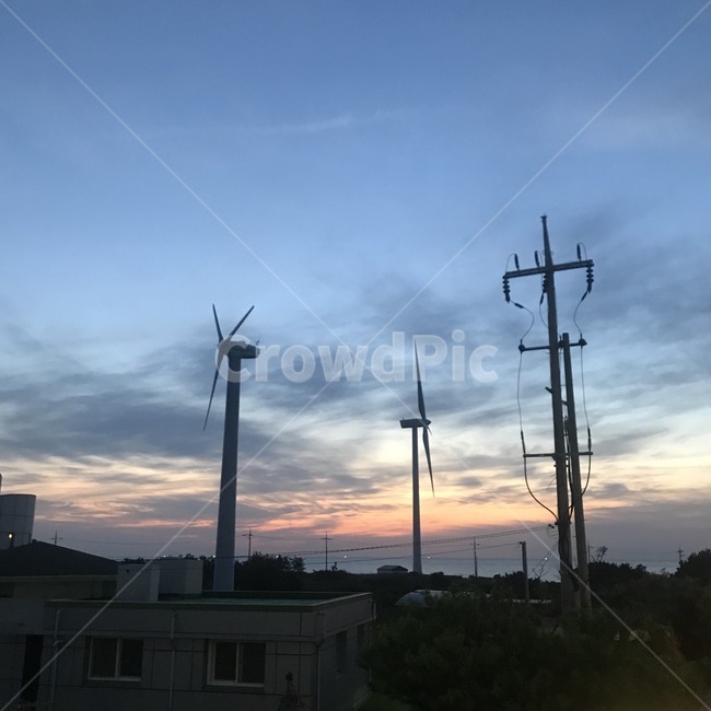 노을,풍차,풍경,해질녘,하늘,구름