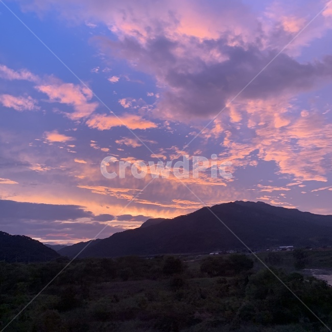 노을,하늘,풍경,해질녘,구름,산,시골,나무