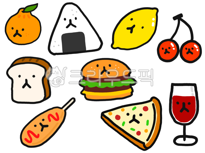 Hotdog,cherry,Character illustration,lunch,bread,sticker,food,Burger,meal,orange,character,lemon,food character,pizza,Good Note Sticker,burger,illustration,Triangle Gimbap