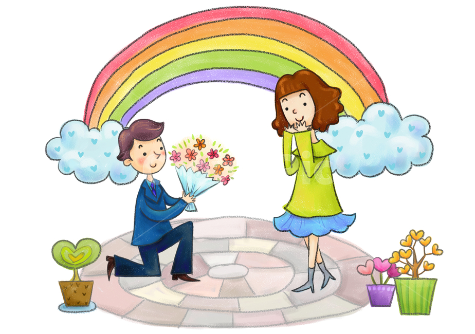 커플,프로포즈,고백,연인,결혼,이벤트,무지개,사랑,청혼,남자,여자,여자친구,남자친구,신랑,신부,꽃,구름,공원,삽화,동화,일러스트,여성,남성,사람,인물,인간,human,person,그래픽,일러스트레이션,graphic,illustration