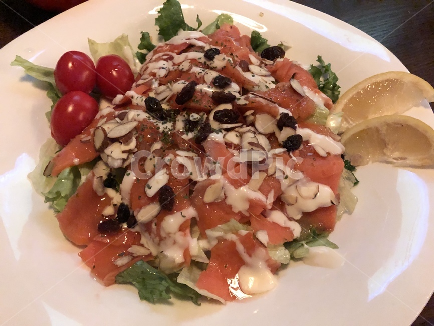 연어,방울토마토,레몬,접시,샐러드,소스,salmon
