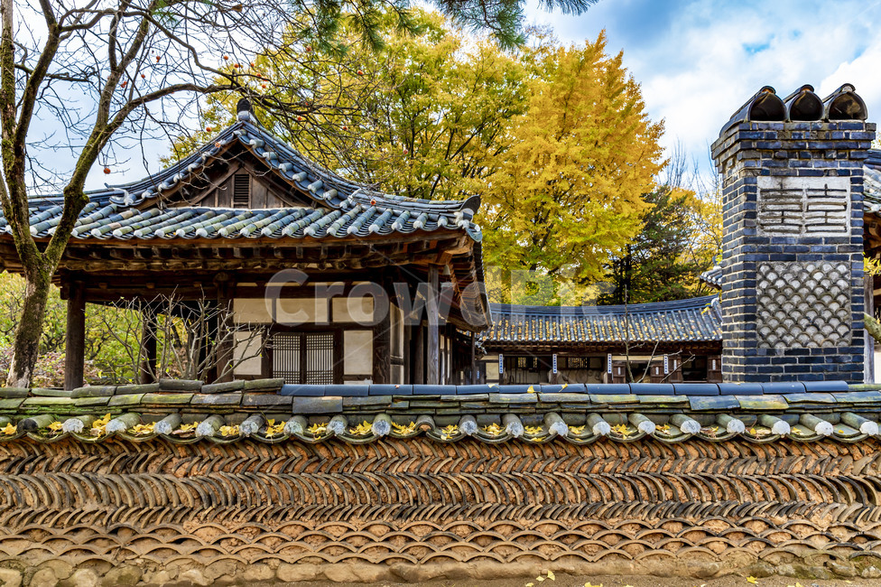 traditional fence,roof,fallen leaves,Hanok,tile roof,tile fence,traditional architecture,autumn,traditional chimney,Korean Folk Village,Maple