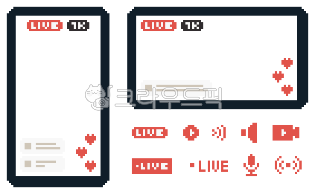 sns,라이브,스트리밍,인플루언서,채팅,빨강,영상,태그,녹화,픽셀,픽셀아트,도트,귀여운,레트로,세트,8비트