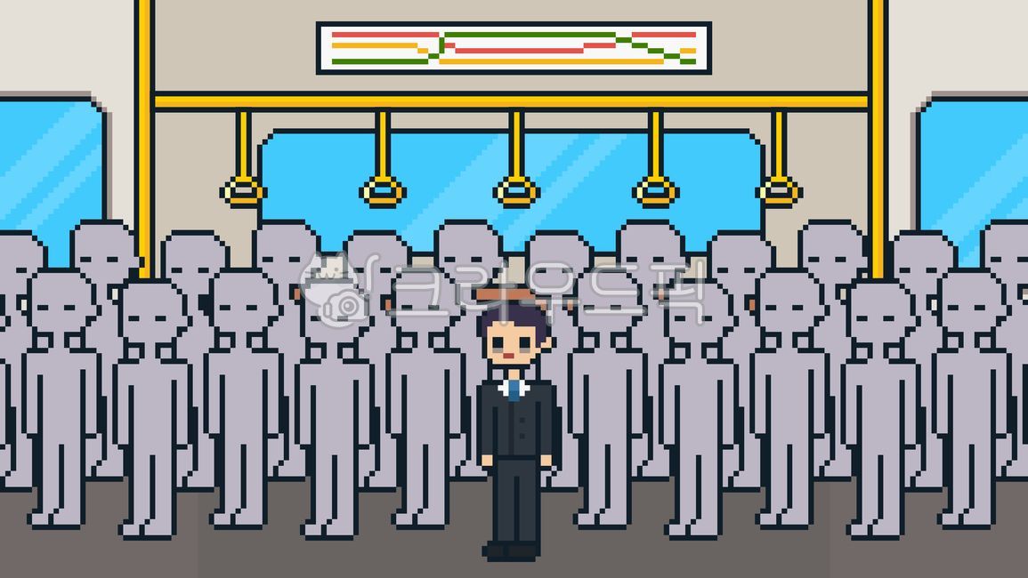 Office worker,crowded,passenger,commute,subway,railway,train,public transportation,interior,chair,handrail,window,door,route map,background,pixel,pixel art,dot,8-bit,game,retro,cute