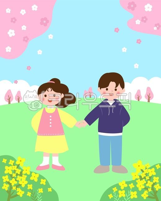 봄,벚꽃,커플,연인,꽃,동산,벚꽃나무,식물,자연,계절,일러스트,사람,여자,남자,하늘,구름,꽃잎,벚꽃잎,초록,핑크,노랑꽃