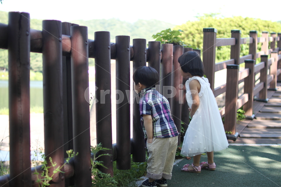 호수,율동공원,주머니손,나무울타리,남아,아이,바라보다,여아