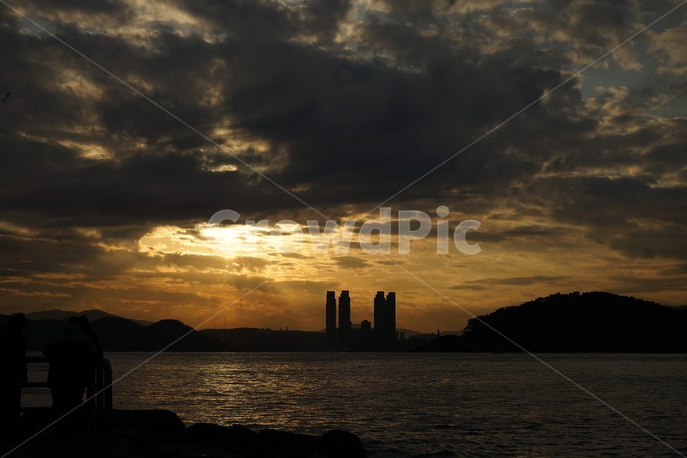 해운대,부산,노을,빛내림,바다