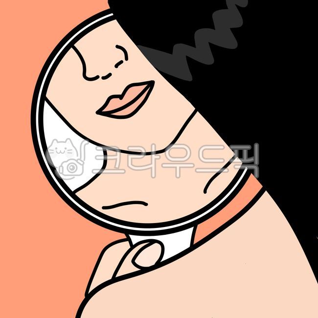 피부관리,거울,여자사람,피부과,시술,여자,뷰티,미소,스킨케어,일러스트,여자캐릭터,스킨,케어,관리,인물,삽화,얼굴,트러블,피부,뾰루지,피부고민,여드름,질환,피부질환,우울,울상