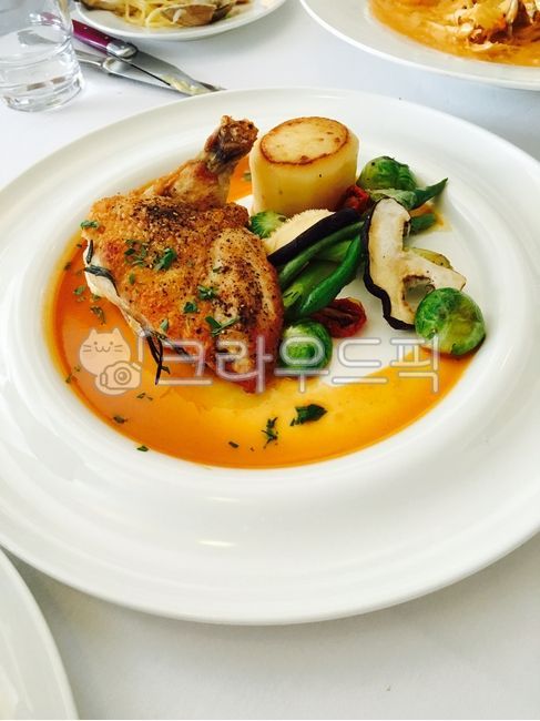 Chicken leg dish,white plate,Grilled mushrooms,Scallop dish,Italian restaurant,Brussels Sprouts,French restaurant