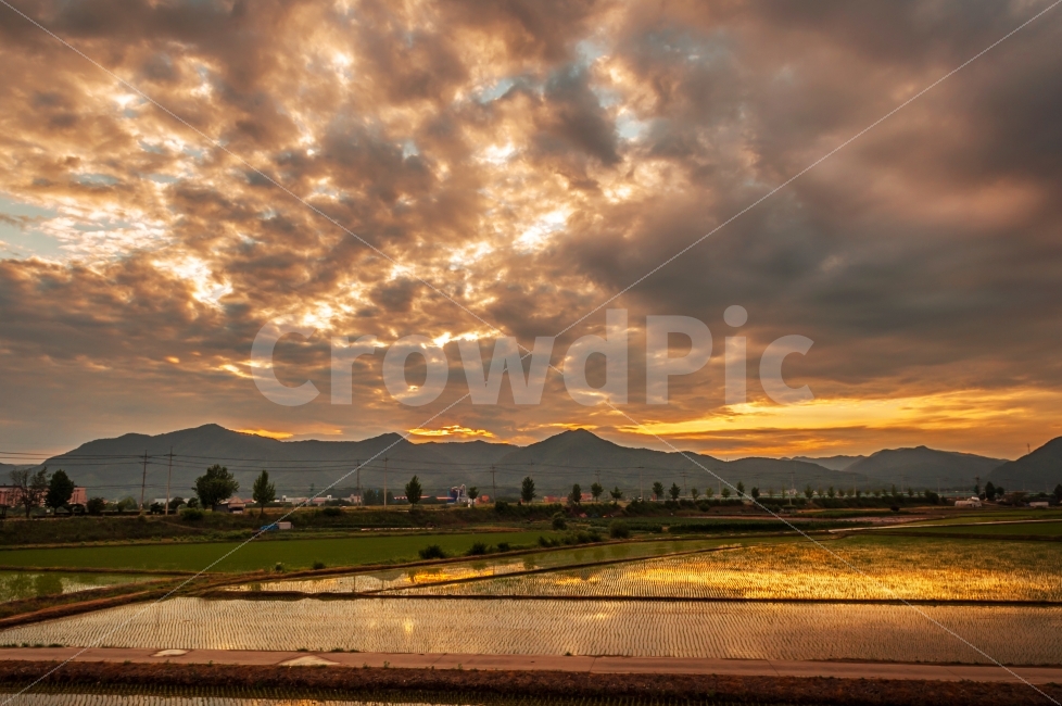 노을,붉은노을,하늘,논두렁,일몰,구름,먹구름,산,밭,자연,풍경,nature,landscape,시골,마을,country,rural,town,outdoors,옥외,field,들