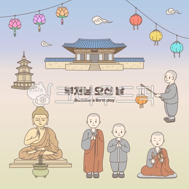 일러스트,부처,부처님,부처님오신날,석가탄신일,석가,불교,종교,연꽃,연등,스님,동자승,승려,합장,목탁,기념일,하늘,구름,석탑,절,암자,사원,템플,캐릭터,향,향로,탑