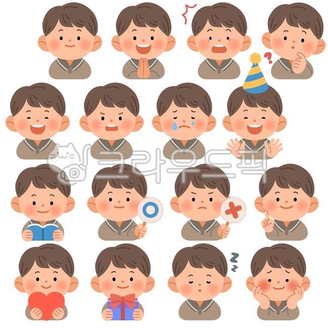 어린이,남자아이,감정표현,얼굴표정,캐릭터,일러스트,귀여운,웃는얼굴,우는얼굴,놀란얼굴,화난얼굴,수줍은표정,졸린얼굴,기뻐하는아이,감정카드,학습자료,교육일러스트,플랫일러스트,어린이교육,감정공부,벡터,퀴즈
