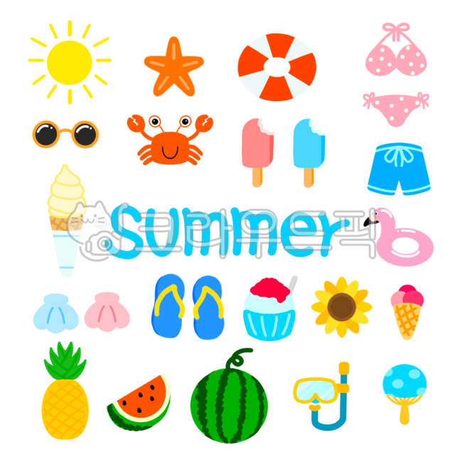 sunglasses,summer illustration,sticker,png,slipper,summer,sunflower,Dakku,ice cream,pineapple,bikini,Red bean shaved ice,swimsuit,watermelon,starfish