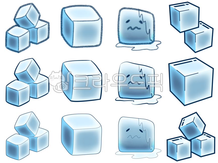 여름,얼음,육면체,푸른색,캐릭터,녹다,그림