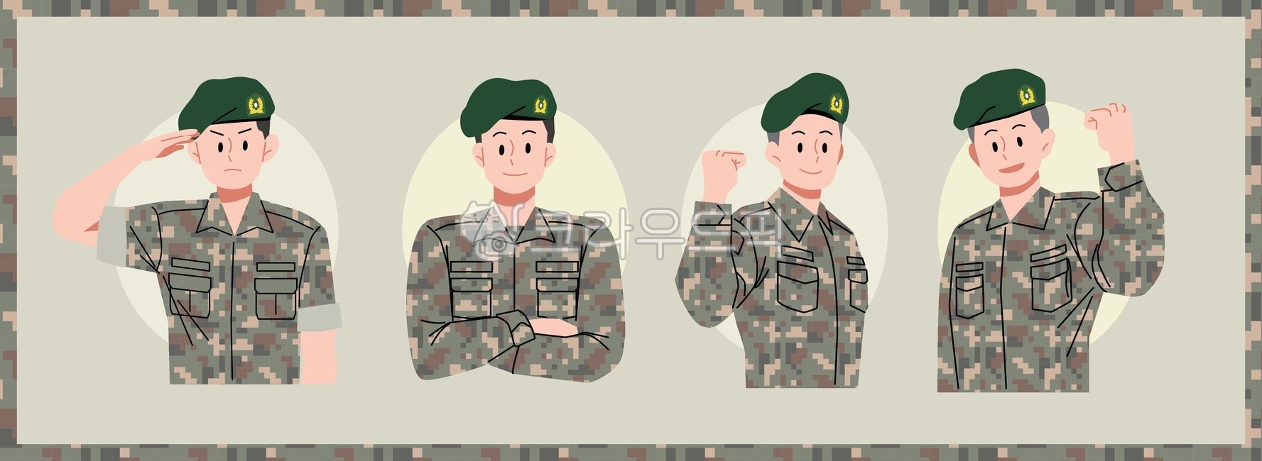 Character,military uniform,confidence,pattern,beret,Memorial Day,barrack life,gesture,salute,army,korea,military uniform pattern,Patriots and Veterans Month,Armed Forces,soldier,person,patriotism,illustration,man,job,bravery,male