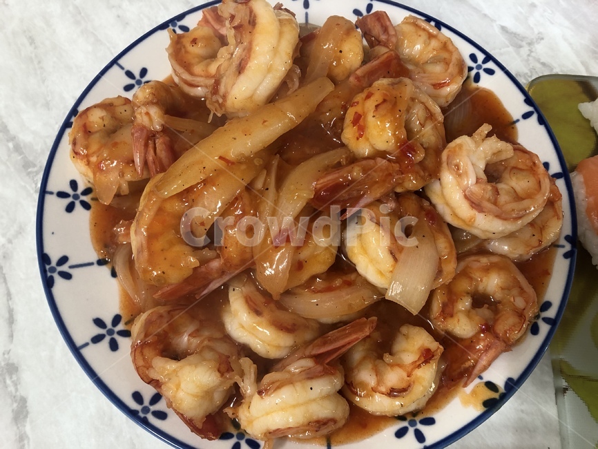 새우,칠리,양념,양파,접시,칠리소스,음식,shrimp,onion