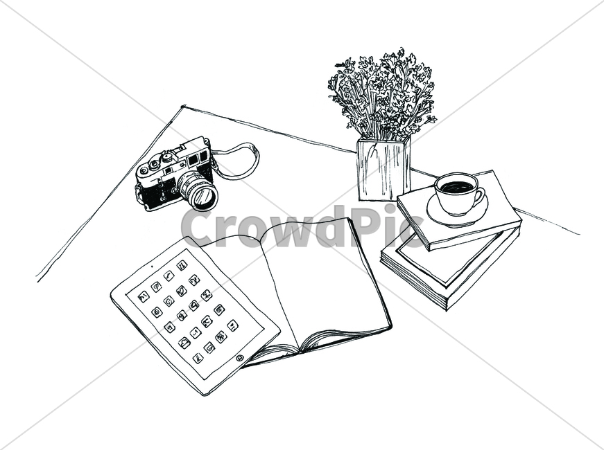 손그림,handdrawing,카메라,camera,팬그림,팬라인,pen,penline,책,book,노트,note,penpicture,pendrawing,화분,flowerpot,pot,꽃,flower,bloom,blossom,그래픽,일러스트레이션,graphic,illustration